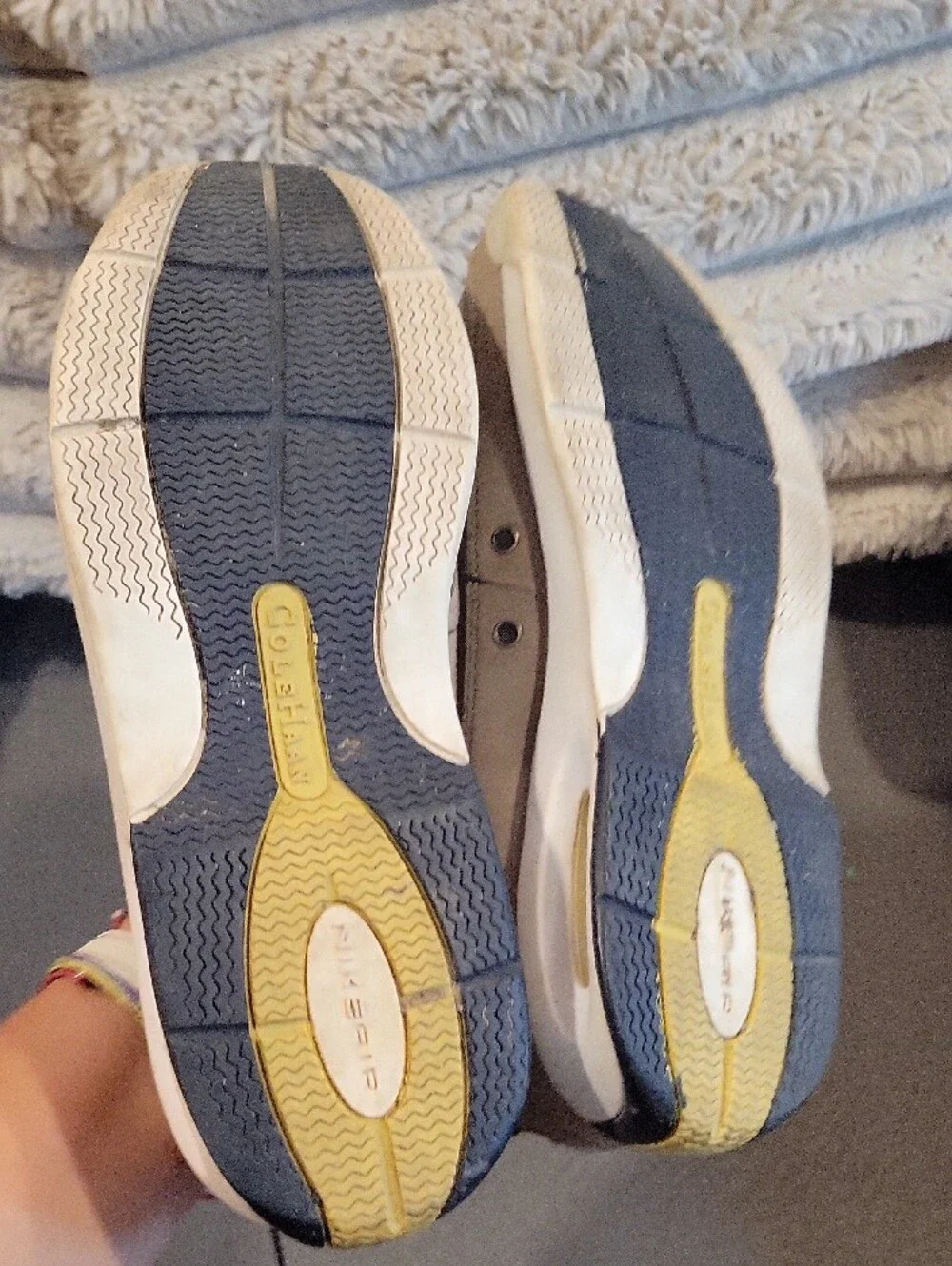 Cole Haan Beige Boat Shoes with Navy and Yellow Accents